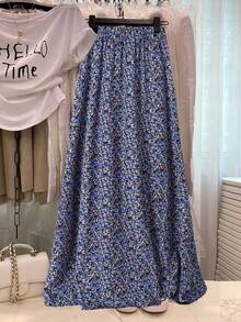 EARO Women's Blue Floral A-Line Skirt, Button Detail Design, Casual Flowy Non-Stretch Fabric, Suitable For Daily Wear Vacation Spring - Blue - View 3