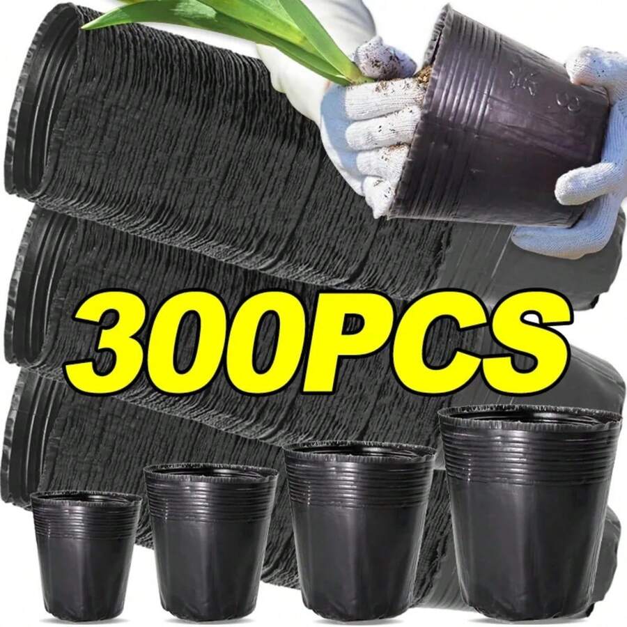 100/300pcs Black Breathable Nursery Pots - Durable Plastic Planting Cups With Drainage Holes, Suitable For Home Garden Flowers And Plants - Black - View 1