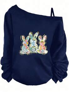 2026 New Model Black Off - The - Shoulder Long Sleeve Sweatshirt With Ruched Cuffs, Watercolor Bunny Figures In Pastel Hues (Pink, Blue, Yellow) With White Inner Ears & Decorative Flowers - Playful Easter Theme Casual Pullover Top Christian Believers In Easter Attire - Màu xanh hải quân - Xem 12