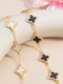 2pcs/Set Simple And Stylish Lucky Clover Bracelets, Paired With White And Black Multi-Layer Chain Bracelets, Suitable For Daily Wear Such As Graduation, Back To School Season, Valentine's Day, Mom, Mother's Day, Gifts, Etc. - Black+White - View 3