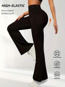 Women'S High Waisted Flare Yoga Pants - Tummy Control Length Leggings With Pockets, High-Stretch Soft Fabric, Elastic Waistband & Flared Hem For Yoga, Pilates, Workouts, Vacation & Daily Wear, Workout Leggings, Activewear Bottoms, Stylish Activewear, Comfortable Fit, Versatile Activewear, Fitness Enthusiasts, Pilates Leggings, Breathable Material, Gym Goers - 黑色 - 查看 1