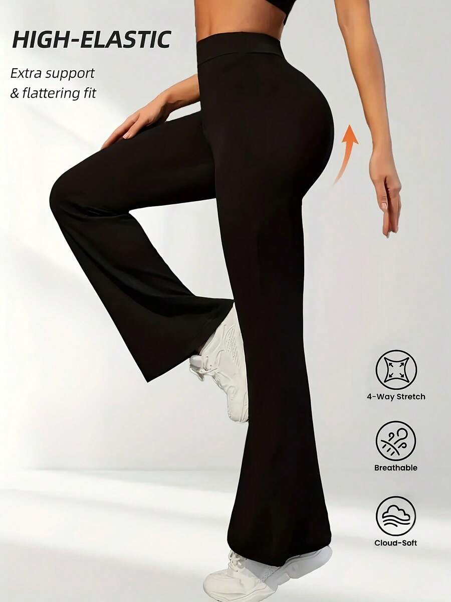 Women'S High Waisted Flare Yoga Pants - Tummy Control Length Leggings With Pockets, High-Stretch Soft Fabric, Elastic Waistband & Flared Hem For Yoga, Pilates, Workouts, Vacation & Daily Wear, Workout Leggings, Activewear Bottoms, Stylish Activewear, Comfortable Fit, Versatile Activewear, Fitness Enthusiasts, Pilates Leggings, Breathable Material, Gym Goers - 黑色 - 查看 1