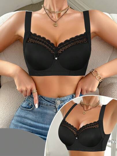 Women's Padded Bra - Wide Strap, Lace Trim, Side Support, Bust Enhancing, Sexy & Comfortable