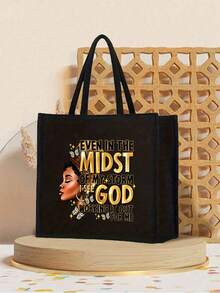 两件套轻便手提包和配套化妆包，“即使在风暴中”人像印花，易清洁面料，带多个口袋，适合购物、旅行、海滩、教师节礼物等场合，女士大容量亚麻手提包。这款便携休闲收纳手提包设计新颖，容量大，是理想的购物袋。 - 彩色 - 查看 12