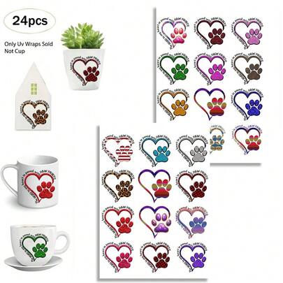 24pcs Heart And Dog Mom Paw Hearts Print Vinyl Transfer Stickers -UV DTF Crystal Decals, Self-Adhesive Suitable For Laptop, Libbey Glass - And Scratch-Resistant Cup Stickers Car, Motorcycle-Suitable For Pet Lovers, Home, Office And Party Decoration, Durable PVC Material