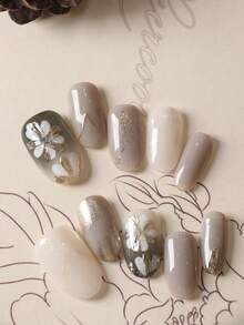 10pcs Press On Nails Gray White Gradient Golden White Little Flower Nail Supplies Nails Press On Artificial Nails Kit Includes 1sheet Adhesive Tabs &1 Pc Mini File - Multicolor - View 2