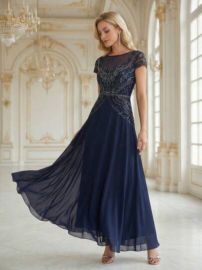 EVERPRETTY Women's Elegant Vintage Blue Sequin Formal Long Dress, Round Neck Short Sleeve Maxi Evening Gown