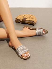 Dream Pairs Women Flat Slides Sandals Slip On Square Open Toe Jacquard Braided Fashion Slides Casual Beach Slippers Summer Vacation Shoes - 金色 - 查看 3