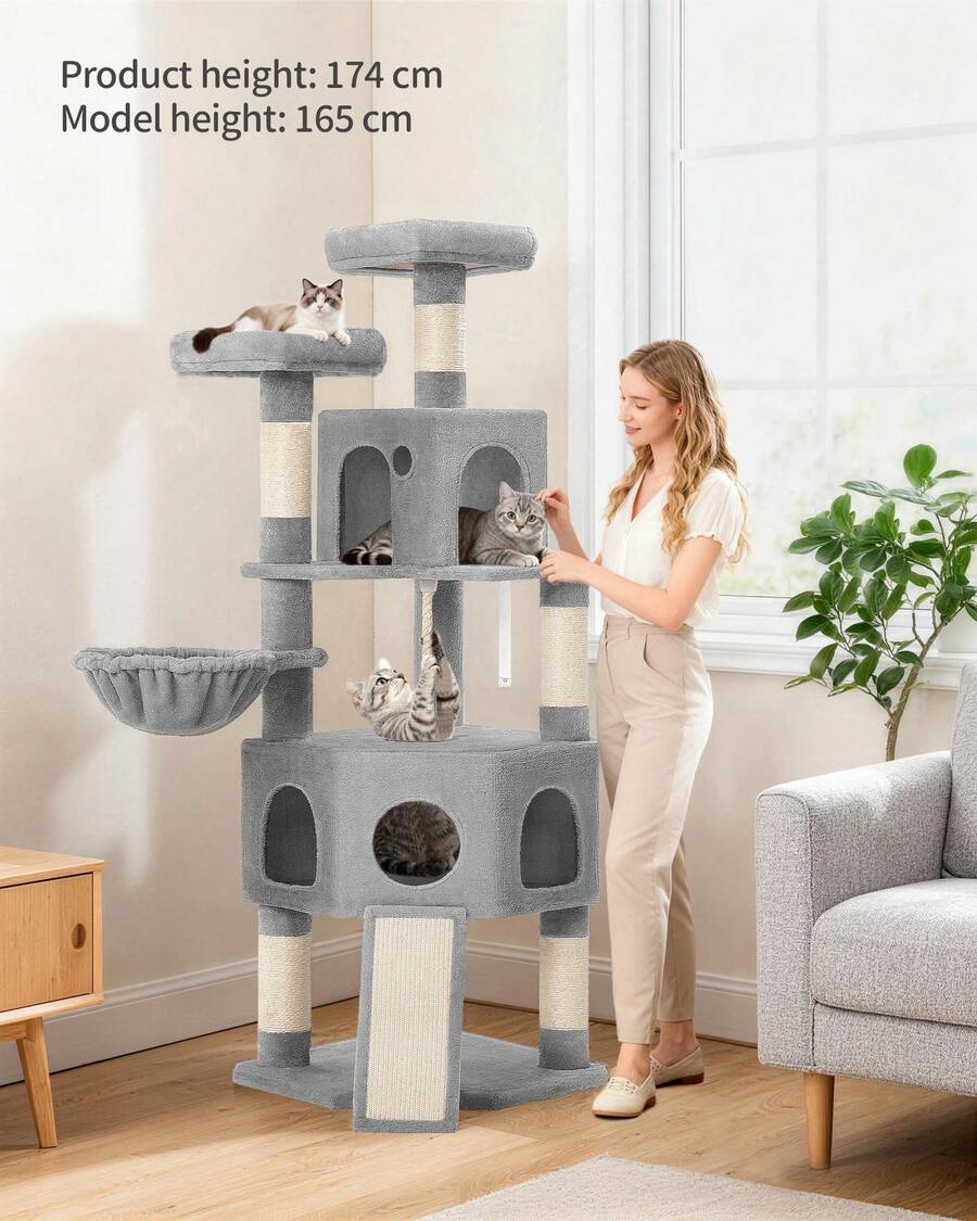 HaluPeit Árbol para gatos, 174 cm, XL, 2 plataformas, 2 cuevas, 4 postes rascadores, 1 tabla rascadora para gatos, cuerda de sisal, pelotas de peluche, árbol para gatos para hogares con varios gatos - Gris Claro - Ver 1