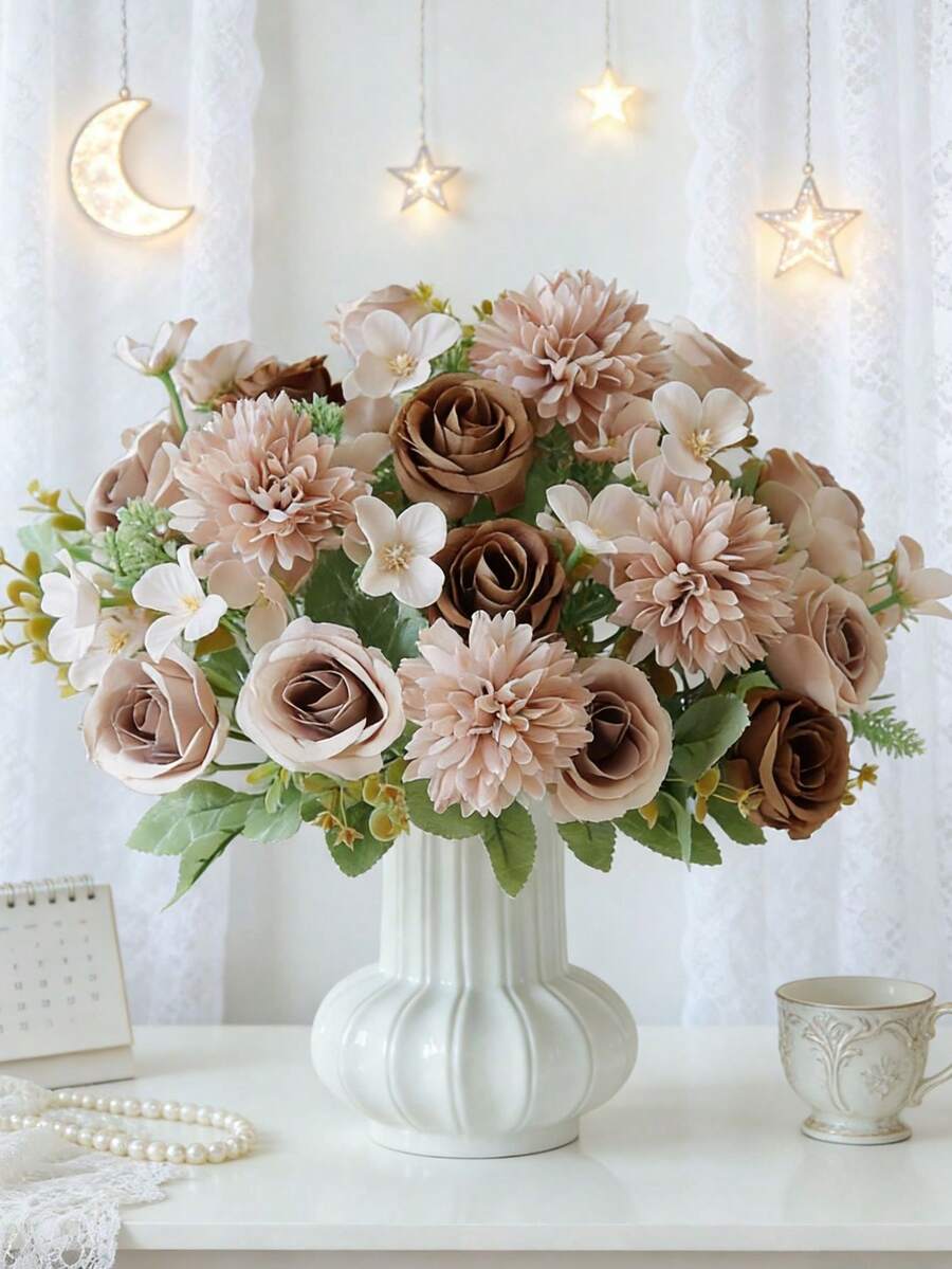 1/3/80pcs Artificial Rose And Hydrangea Flower Bouquet, Suitable For Wedding, Home, Restaurant, Bedroom, Vase Decor, Holiday Birthday Party, Wedding Decoration, New Year Bouquet, Valentine's Day Gift, New Year DIY Material, Artificial Plants, Spring Decor, Room, Tabletop, Garden Decor, Room Decor, Valentine's Day Gift, Graduation Gift - Brown - View 1