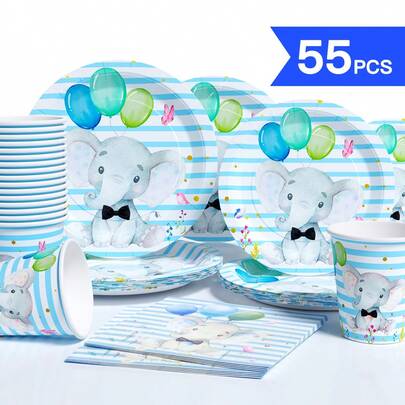 Blue & White Striped Balloon Elephant Disposable Plates, Napkins, Cups - 10 Guest Party Supplies Set, Suitable For Birthday, Wedding, Theme Party, Family Picnic