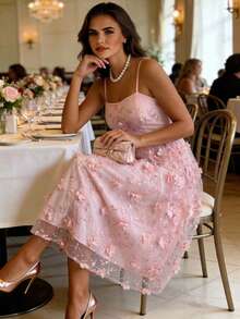 Đầm slip lưới màu hồng in hoa 3D, đầm dự tiệc thanh lịch dành cho nữ. - Hồng - Xem 5