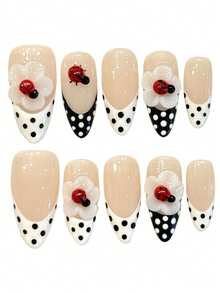 10Pcs Artificial Nails French Flower Nail Tips With Polka Dot Design For Party And Daily Use - Multicolor - View 6
