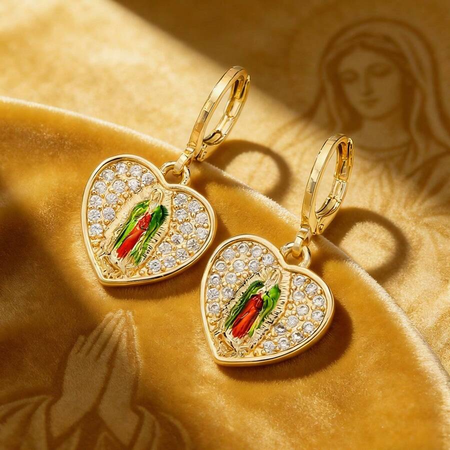 2件套优雅经典瓜达卢佩圣母心形锆石吊坠耳环，精致铜质宗教天主教饰品，女士信仰礼物 - 聖母 - 查看 1