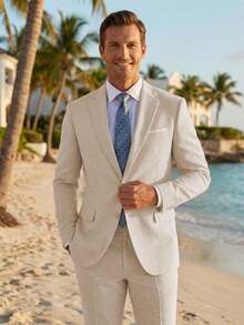 2pcs Men's 2 Piece Beige Linen Suits For Men Slim Fit Casual Beach Wedding Summer Grooms Groomsmen Linen Blazer Pants Suit - 米色 - 查看 7