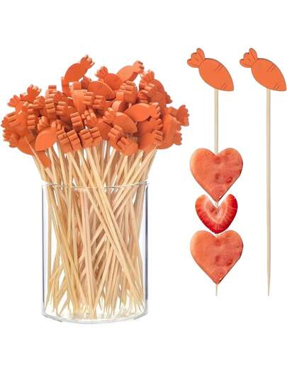100PCS Creative Carrot Head Toothpicks, Disposable Cake And Fruit Toothpicks, Suitable For Weddings, Easter Party Cupcakes, Fruits, Beverages, Dish Decoration, Can Also Be Used For Baking, Appetizer Decoration, Kitchen, Restaurant Plating Essentials