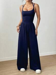 Women's Pleated Jumpsuit, Straight Leg, Loose Fit, Casual, Sleeveless, Summer - Navy Blue - View 3