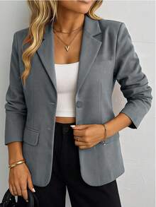 Kliou Fashion Slim Structured Blazer For Women With 2 Buttons, Simple, Elegant, Casual, Faux Pocket, Unlined, No Shoulder Pads - Màu Xám nhạt - Xem 3