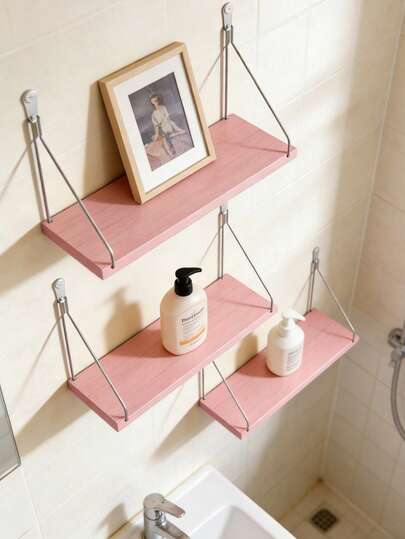 1pc No-Drill Wall Mounted Shelf, Single Tier Storage Rack For Living Room Cable Box, Wooden Load-Bearing Bracket, Pastel Pink Hanging Wall Decor Organizer Rack For Bathroom, Bedroom, Living Room