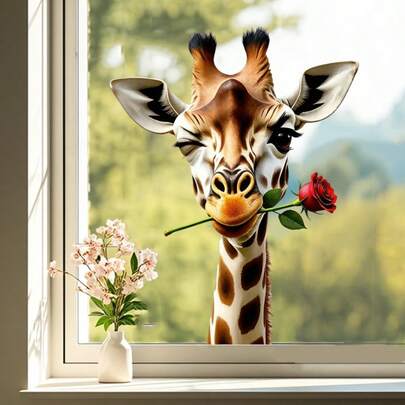 Giraffe With Rose Window Decal, Removable Glass Sticker For Bathroom And Kitchen Decorative Painted Windows, Home Decor, Window Decoration, Animal Print, Playful Design, Plastic Decal, Durable Vinyl, Glass Decal, And Stick, Home Decorators, Pet Lovers