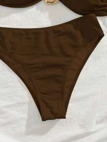 新款纯色软垫前金属装饰细肩带露背性感优雅派对比基尼套装，夏季沙滩时尚性感优雅女士比基尼度假 - 咖啡棕 - 查看 6