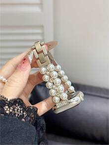 Band Suitable Compatible With Apple Watch 9 Ultra, Mother-Of-Faux Pearl Beaded Bracelet, 41mm Band, Creative Design - Space Gray - View 4