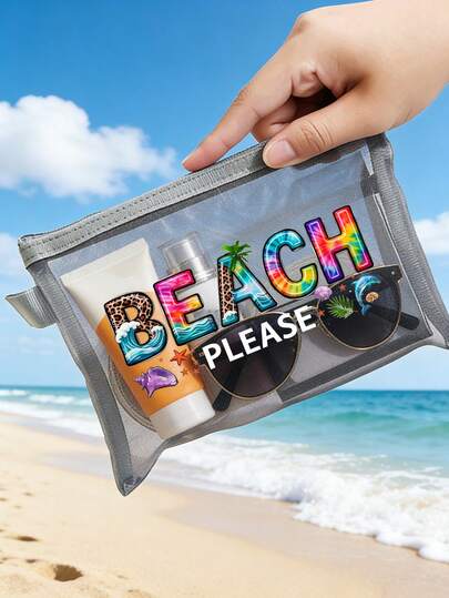 女士网眼化妆包，饰有“Beach Please”字样和海星、贝壳元素；夏季度假洗漱包；旅行假日化妆品收纳包；大容量轻便拉链收纳包；适用于度假、日常使用、露营、户外活动；是返校礼物、婚礼配饰、生日礼物、母亲节礼物、复活节礼物的理想之选。