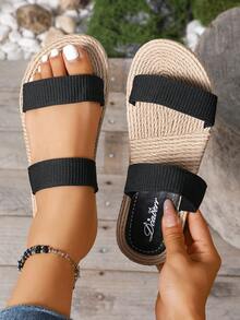 Sandalias de verano para mujer con suela tejida de paja, estilo ligero de vacaciones, sandalias planas suaves y cómodas a rayas beige - Negro - Ver 5