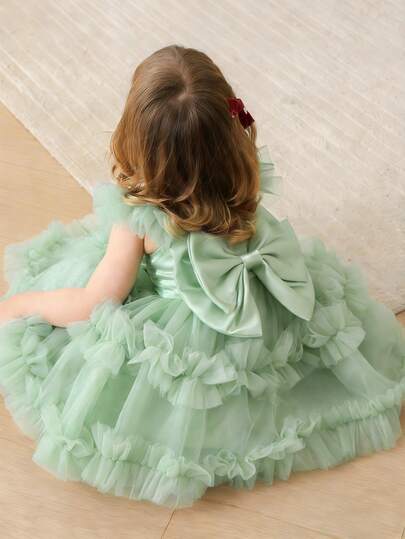 Vestido elegante y lindo de princesa para niñas pequeñas con mangas cortas, lazo y tul en color borgoña, adecuado como regalo para el 1er cumpleaños de la niña, banquetes, fiestas de noche y ocasiones importantes, celebraciones festivas