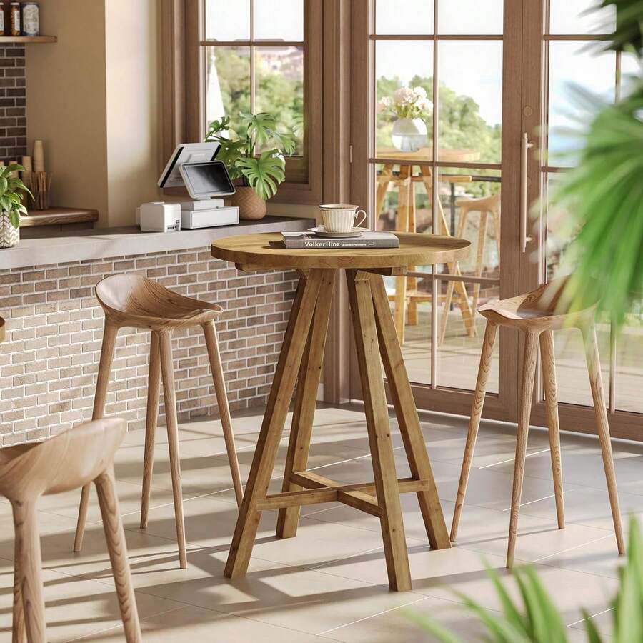 LITTLE TREE 31.5-Inch (80cm) Solid Wood Modern Round Dining Table - Counter Height Kitchen Table For 2, Compact Living Room/Dining Room - Mocha Brown - View 1