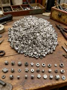 50/80/100/150/200/300/500颗混合隔珠套装，DIY首饰 - 锌合金，时尚纹理金属设计，适用于项链、手链和戒指 - 銀色 - 查看 7