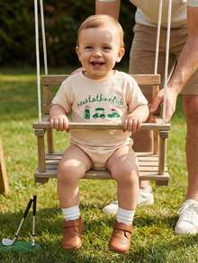 Mono de verano para bebés varones, manga corta, cuello redondo, bordado de golf, mono sencillo, ropa de uso diario informal, ideal para 0 a 12 meses - Albaricoque - Ver 1