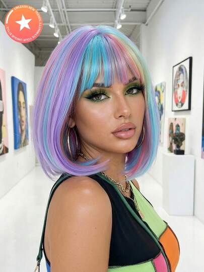 Rainbow Colorfull 12-Inch Shoulder Length Short Hair With Bangs Breathable And Comfortable Can Distribute Seams Freely,Wigs For Women Heat-Resistant Synthetic Hair,Cosplay,Daily