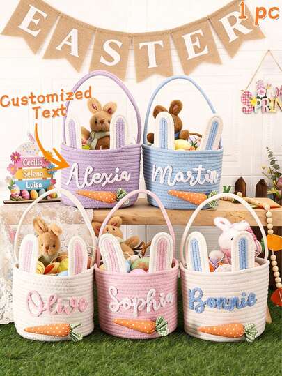 1pc Personalized Easter Basket With Easter Bunny, Carrot, Rope Decor, Easter Egg Hunt, Easter Decoration