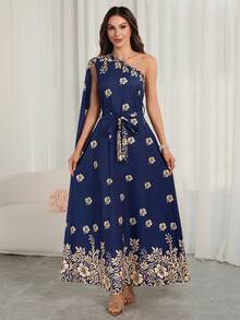 Women's New Elegant Random-Print One-Shoulder Belted Dress – Flattering Loose Silhouette, Versatile Two-Way Wear, Ideal For Spring/Summer Holidays & Middle Eastern-Inspired Elegance - Navy Blue - View 3