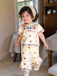 2pcs/Set Baby Girls Floral Print Short Sleeve Top And Pants Set, Lightweight Summer Outfit, Cute Casual Clothes For Newborn Infant Toddler, Bohemian Style, 0-1-2-3 Years, 6-9 Months, Suitable For Outdoor, Vacation, Birthday Gift - Multicolor - View 6