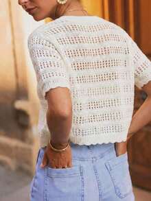Áo khoác cardigan dệt kim màu kem dành cho nữ, kiểu dáng giản dị, thích hợp mặc đi biển trong kỳ nghỉ hè và bên hồ bơi. Màu trắng. - trắng - Xem 5