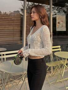 2026新款HoloChill女士休闲纯色镂空蝴蝶结轻薄罩衫，夏季休闲百搭长袖罩衫，女士春季服装，女士假日派对上衣，女士沙滩装，女士优雅夏季度假服 - 白色 - 查看 6