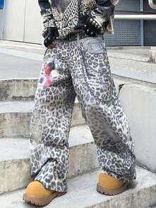 1pc American Street Fashion Men's Tiger Print Digital Denim Jeans, Loose Comfortable Wide Leg Pants, Versatile Casual Jeans For All Seasons (Belt And Accessories Not Included) - White - View 1