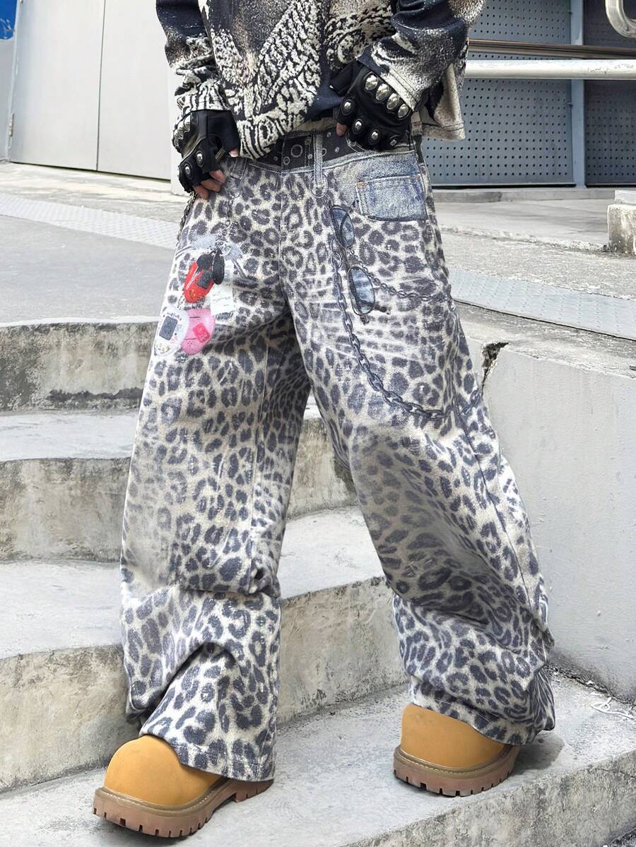 1pc American Street Fashion Men's Tiger Print Digital Denim Jeans, Loose Comfortable Wide Leg Pants, Versatile Casual Jeans For All Seasons (Belt And Accessories Not Included) - White - View 1