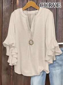 Plus Size Women's Solid Color Ruffle Sleeve V-Neck Blouse - Khaki - View 1