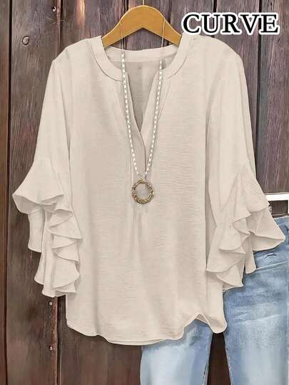 Plus Size Women's Solid Color Ruffle Sleeve V-Neck Blouse