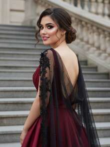 1pc Black Lace Bridal Cape With Pearl Decor, Gothic Vintage Elegant Accessory For Women, Suitable For Attending Galas, Balls, And Parties - Nhiều màu - Xem 2