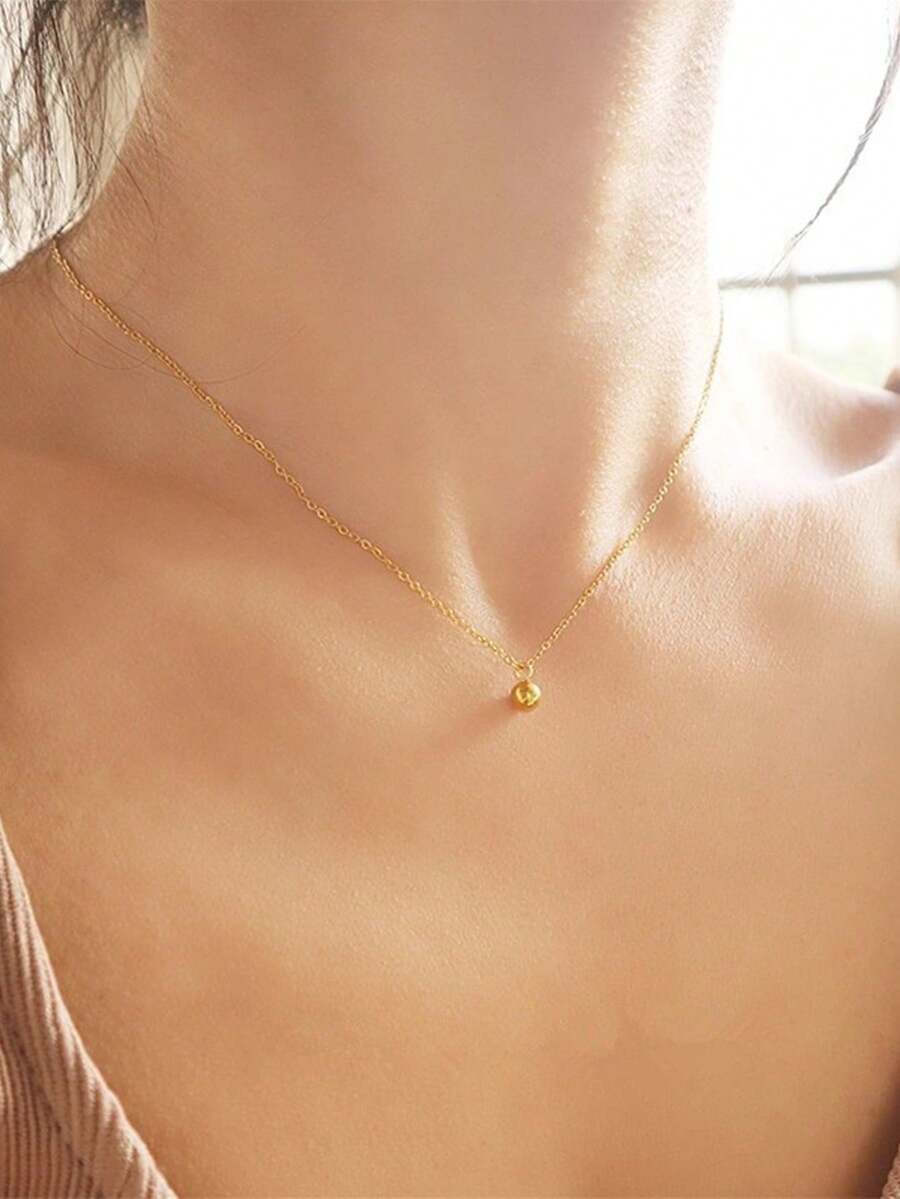 不锈钢防水不褪色复古18K镀金极简小球吊坠项链，适合女士日常佩戴 - 金色 - 查看 1