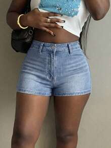 Fashionable Women's Denim Mini Shorts Straight Leg Design High Stretch Fabric With Button And Zipper - Baby Blue - View 2