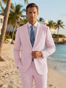 2pcs Men's 2 Piece Linen Suits For Men Slim Fit Casual Beach Wedding Summer Grooms Groomsmen Linen Blazer Pants Suit - 粉色 - 查看 10