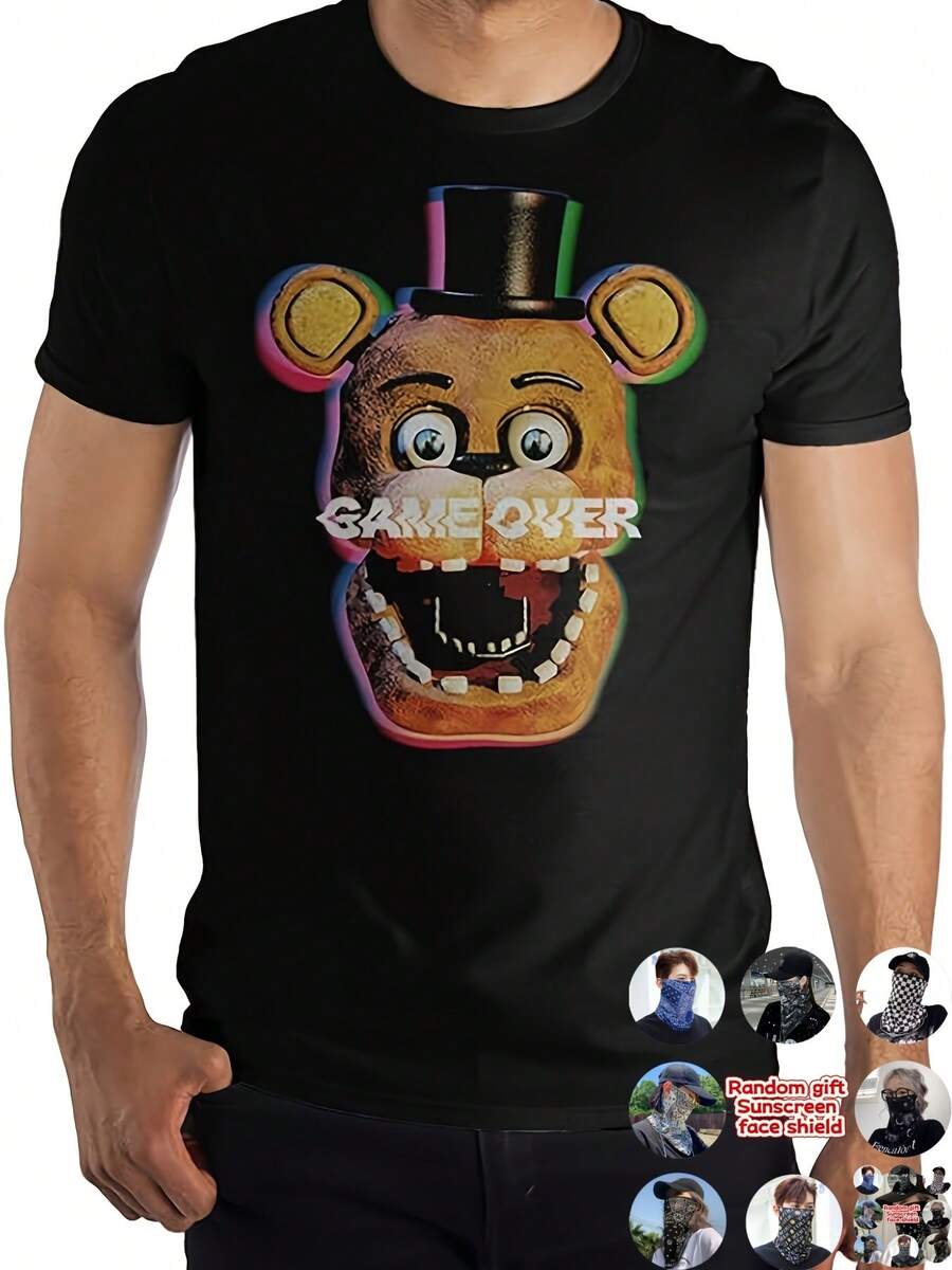 Five Nights At Freddys Fazbear Blue Shadow Mens Black Tee Shirt Cotton 200g Casual Round Neck Comfortable In All Seasons Best Gift - 黑色 - 查看 1