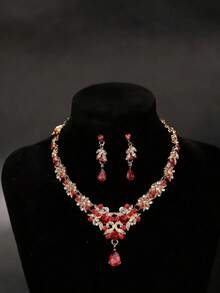 1 Set Bridal Accessories - Red Rhinestone Decor Crown, Necklace, Earrings (4pcs), Wedding Jewelry Set, Suitable For Wedding Dress, Gown, Prom, Party,Festival,Birthday - Multicolor - View 5