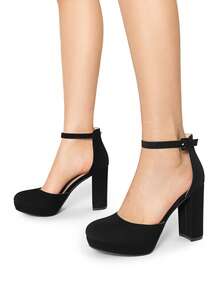 Women's Platform Chunky High Heels Closed Toe Block Ankle Strap Dress Bridal Party Wedding Shoes - Nubuck đen - Xem 8