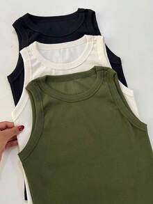 Women's Plain Basic Ribbed Cotton Tank Top, American Style, Summer Blogger Style, Cotton - MÀU XANH LÁ CÂY QUÂN ĐỘI TRƠN - Xem 2